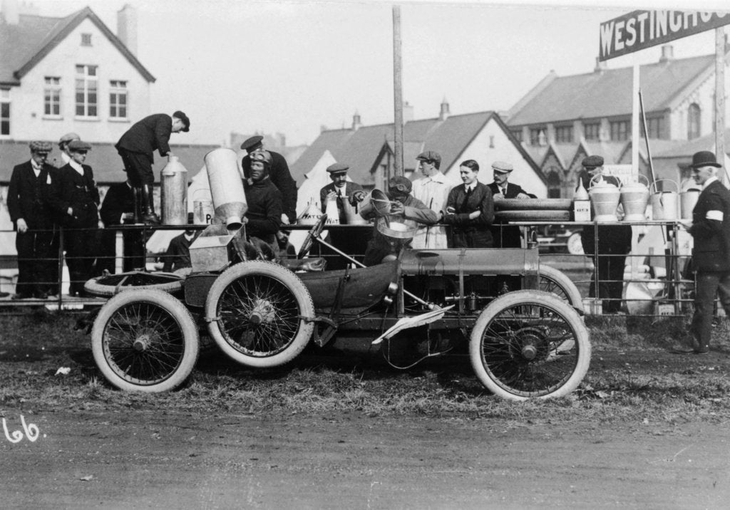 Detail of T Thornycroft with his Thornycroft car at a TT race, 1908 by Unknown