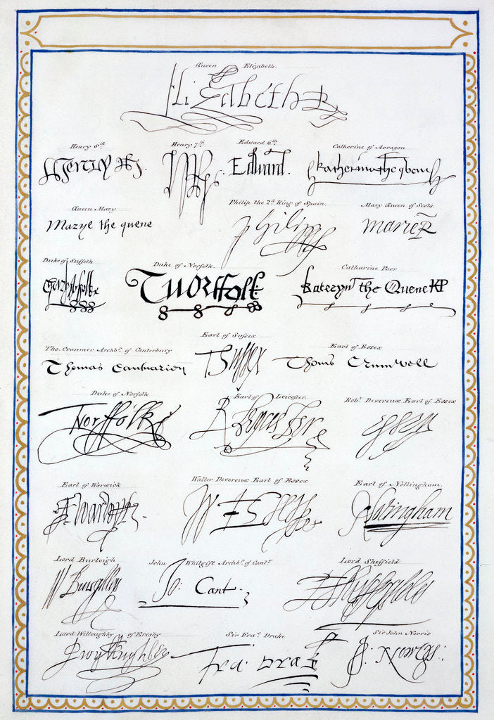 Detail of Reproduction of the signatures of the Tudors and members of their court by Sarah