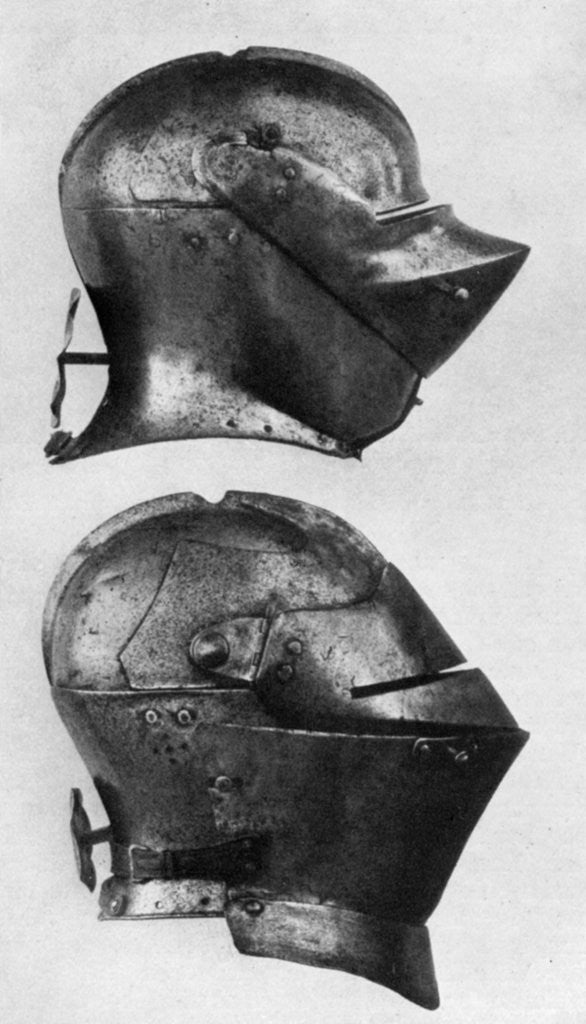 Detail of Spanish and Italian helmets by Anonymous