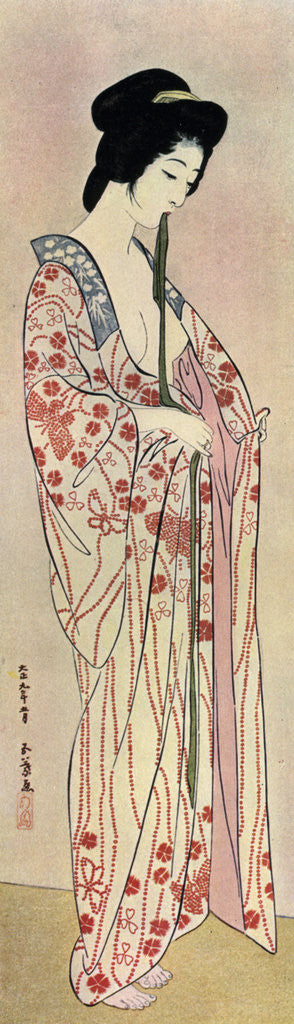 Detail of A Japanese woman wearing a nagajuban by Hashiguchi Goyo