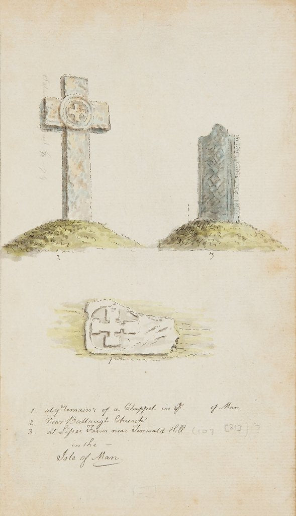 Detail of Watercolour drawings of a carved cross and two carved slabs by Moses Griffith