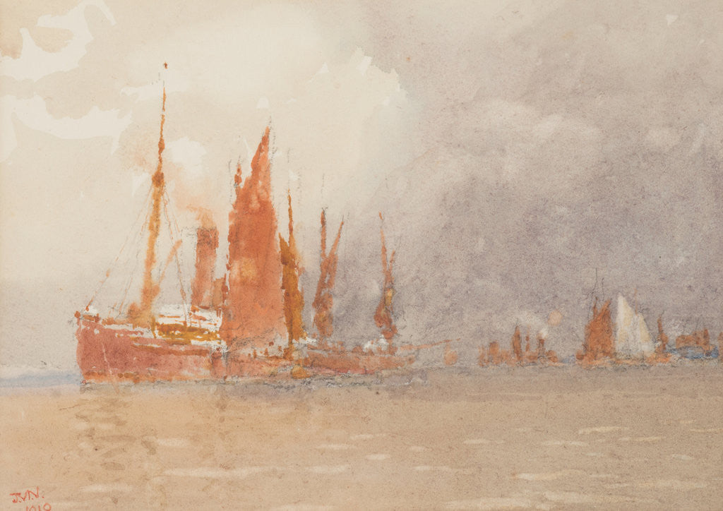 Detail of Sailing boats tied up to a steamer by John Miller Nicholson
