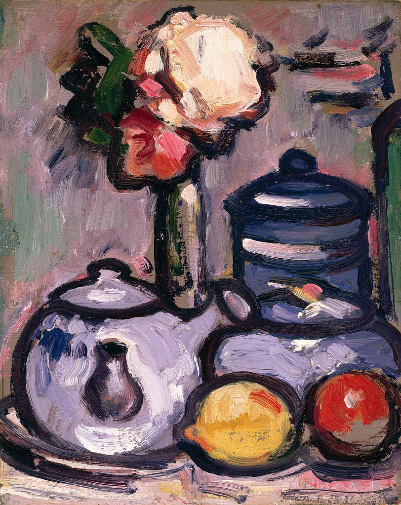 Detail of Still Life: Teapot with Flowers and Fruit by John Duncan Fergusson