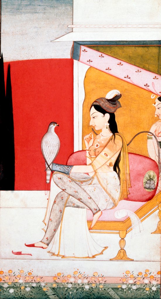 Detail of The Lady with the Hawk;  Illustration to the Musical Mode Ragini Vasant;  Indian (Gular, Punjab Hills);  c.1750.Watercolour on paper. by Unknown