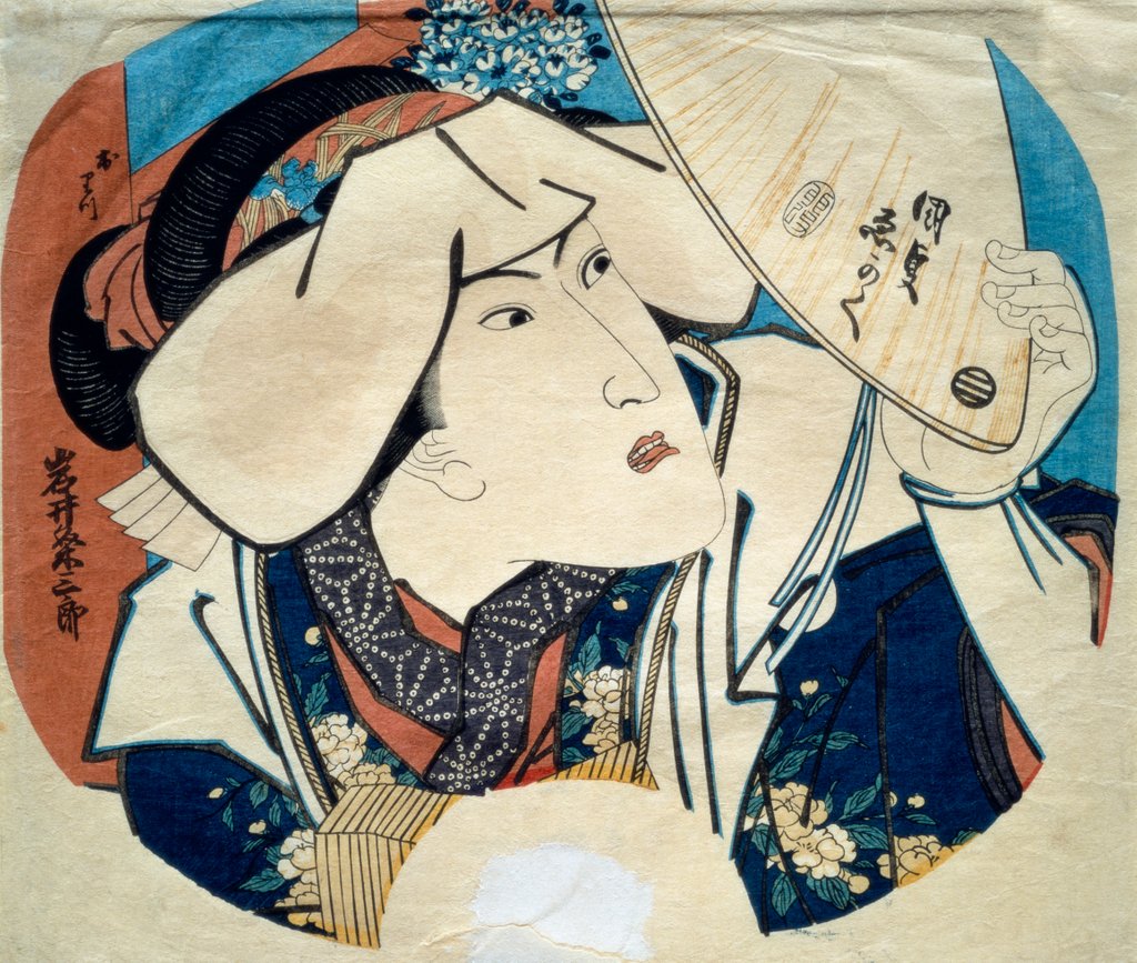 Detail of Iwai Kumesaburo II as Oritsu, uchiwa-e-size nishiki-e by Utagawa Kunisada