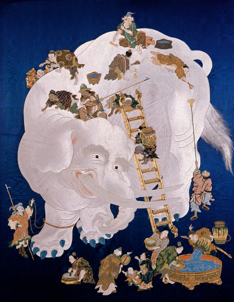 Detail of White elephant washed by 18 men, embroidered on a fukusa. Japan, 19th century by Unknown