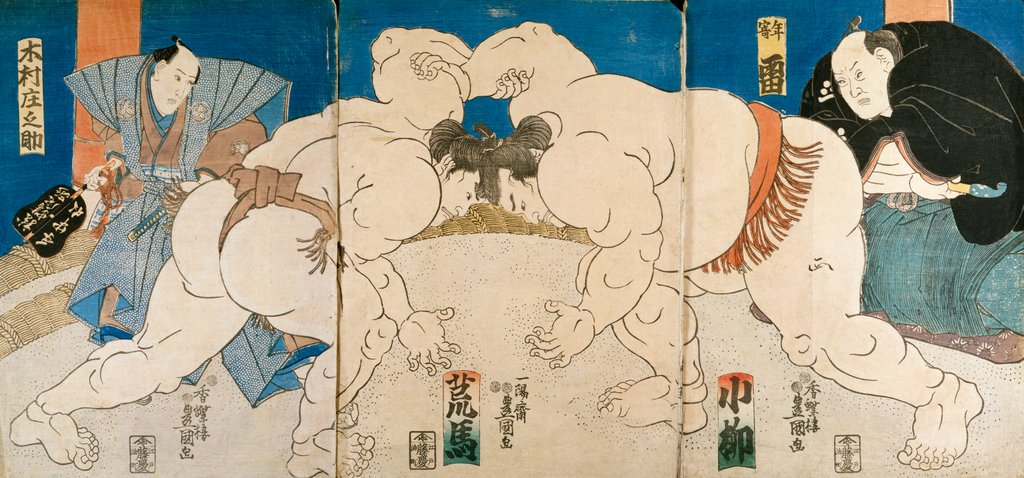 Detail of Triptych of Two Sumo Wrestlers and Umpire by Utagawa Kunisada