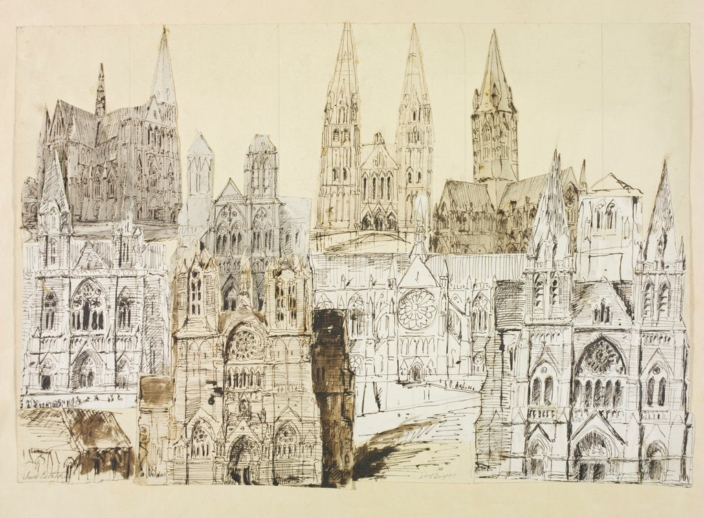 Detail of Truro Cathedral, collage of nine different elevations by William Burges