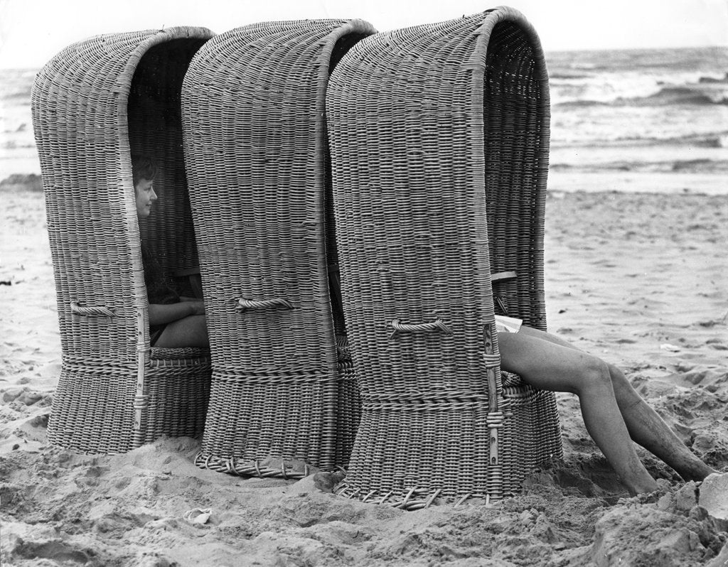 Detail of Basket shelters on a beach in Belgium, 1966 by Tony Boxall
