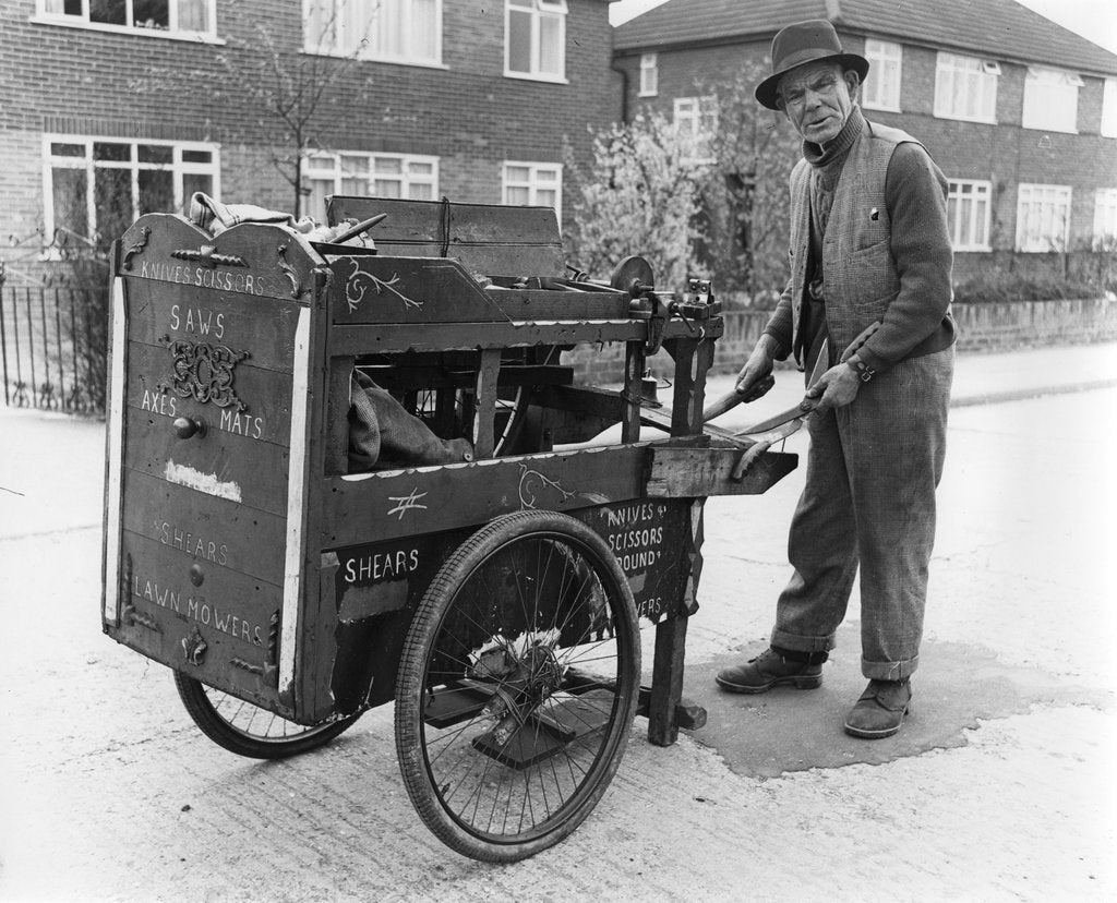 Detail of Gipsy knife-grinder with his handcart, Horley, Surrey, 1964 by Tony Boxall