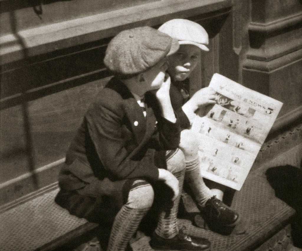 Detail of Two boys reading the comic section of the Sunday paper by Anonymous