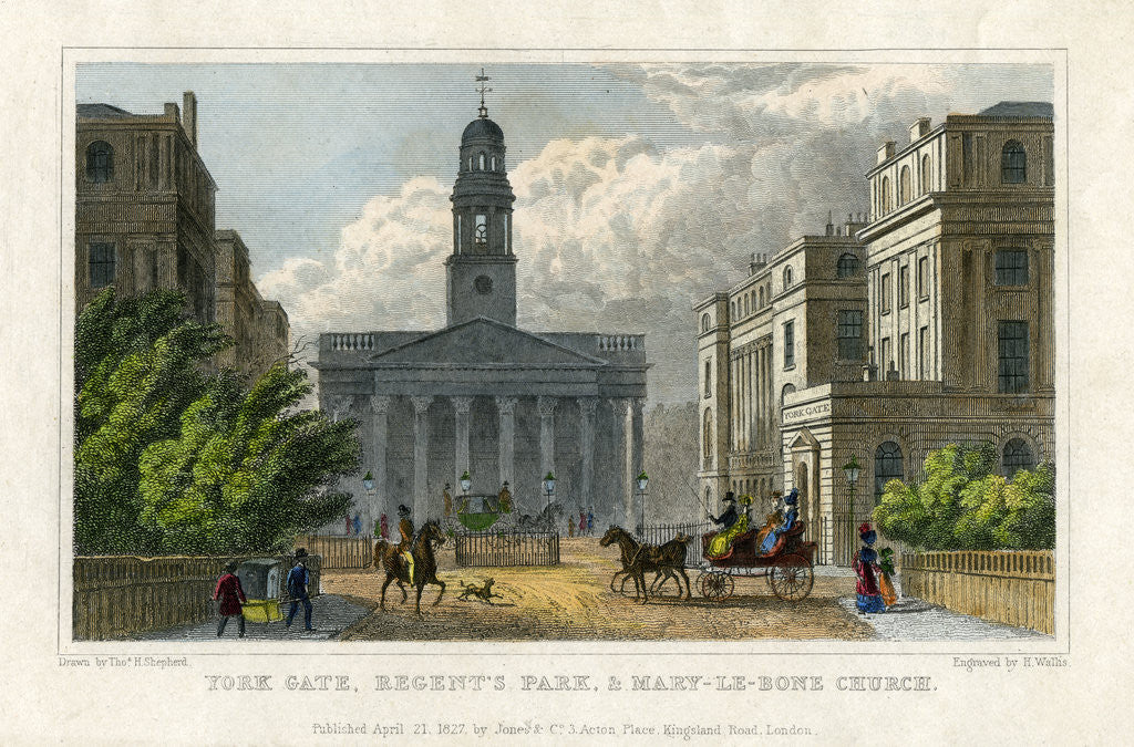 Detail of York Gate, Regent's Park, and Mary-le-Bone Church, London by H Wallis