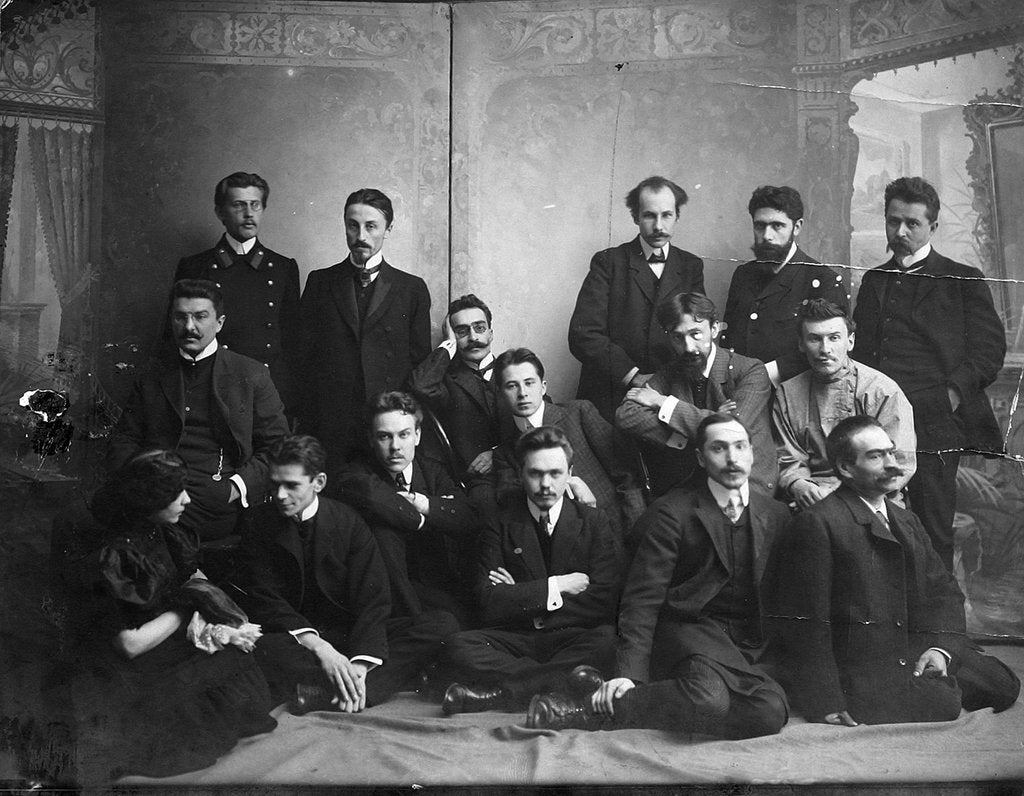 Detail of Russian author and poet Andrei Bely with symbolist authors, 1907 by Unknown