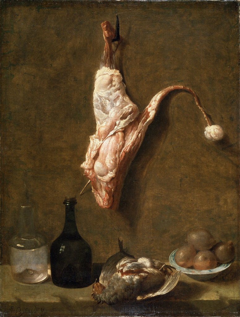 Detail of Still life with a Leg of Veal, French painting of 18th century by Jean-Baptiste Oudry