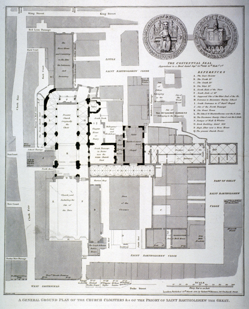 Detail of Ground plan of St Bartholomew's Priory, Smithfield, City of London by T Bourne