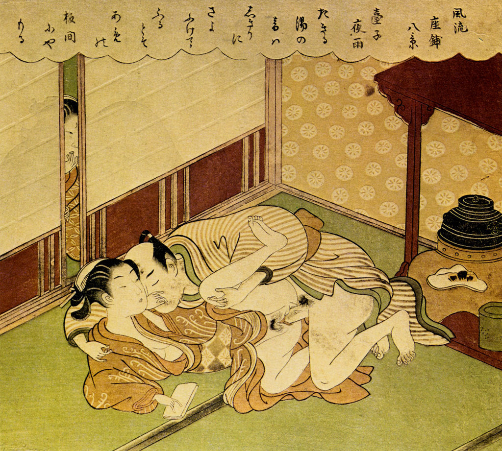 Detail of Two Lovers (Shunga - erotic woodblock print), c. 1750 by Suzuki Harunobu