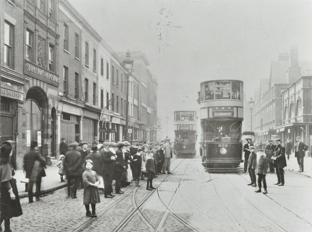 Detail of Pedestrians and trams in Commercial Street, Stepney, London, 1907 by Unknown