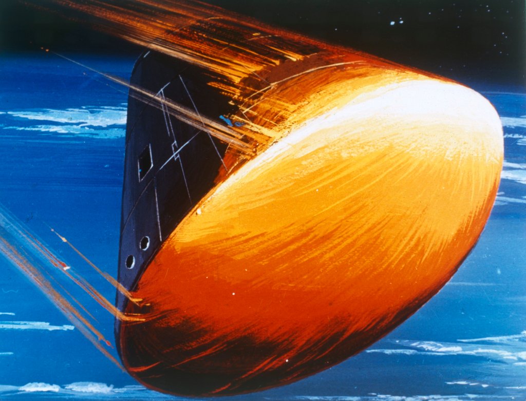 Detail of Artist's concept of Command Module re-entry in 5000° heat by NASA