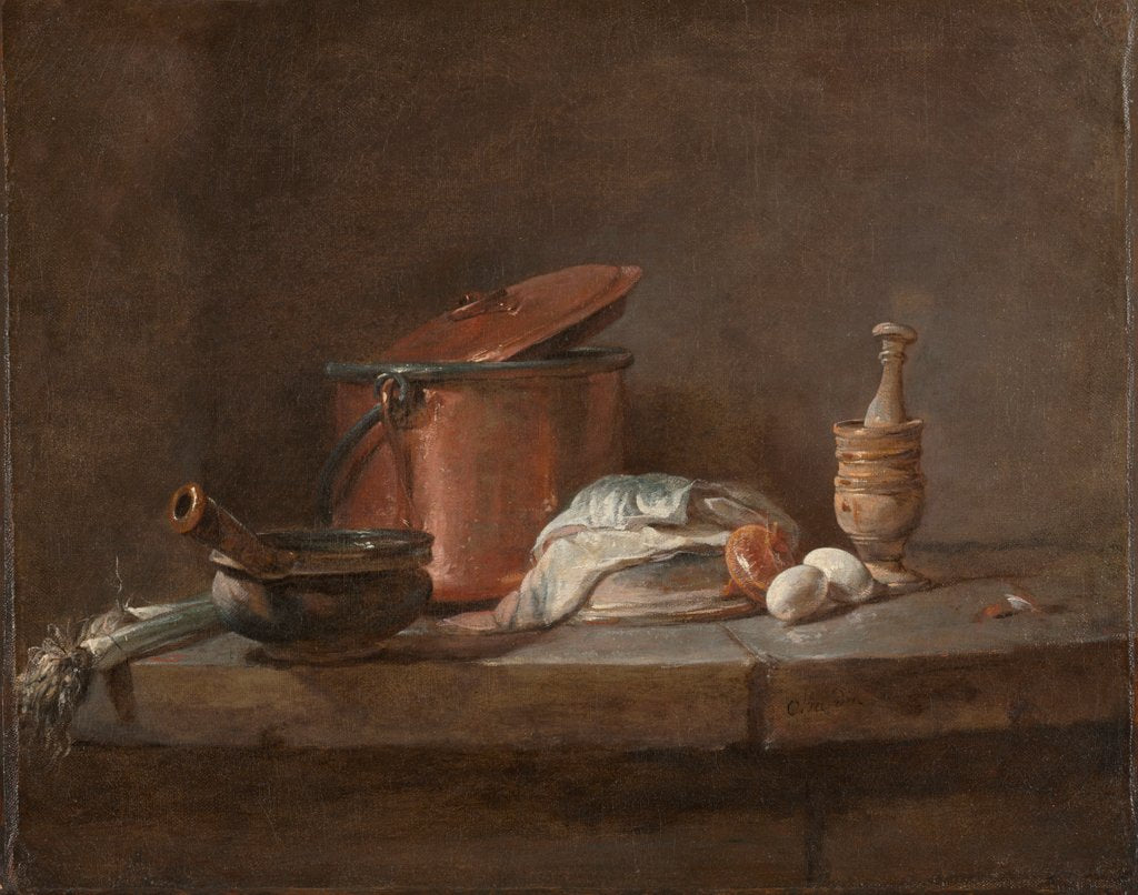 Detail of Kitchen Utensils with Leeks, Fish, and Eggs, c. 1734 by Jean-Siméon Chardin