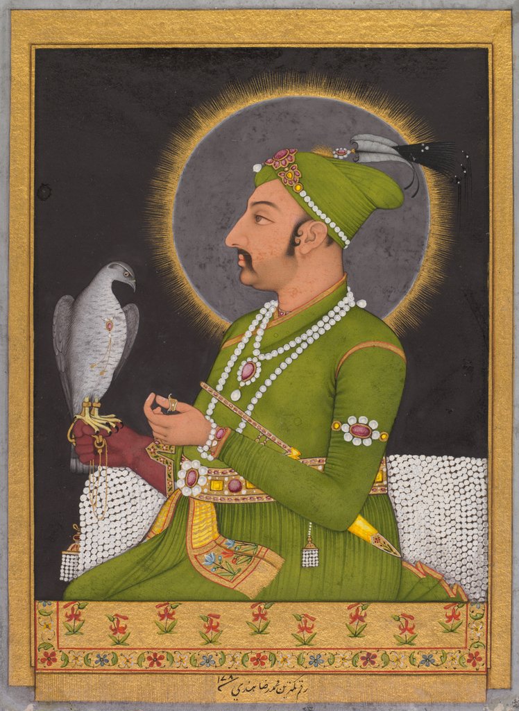 Detail of Posthumous portrait of the Mughal emperor Muhammad Shah holding a falcon, 1764 by Muhammad Rizavi Hindi