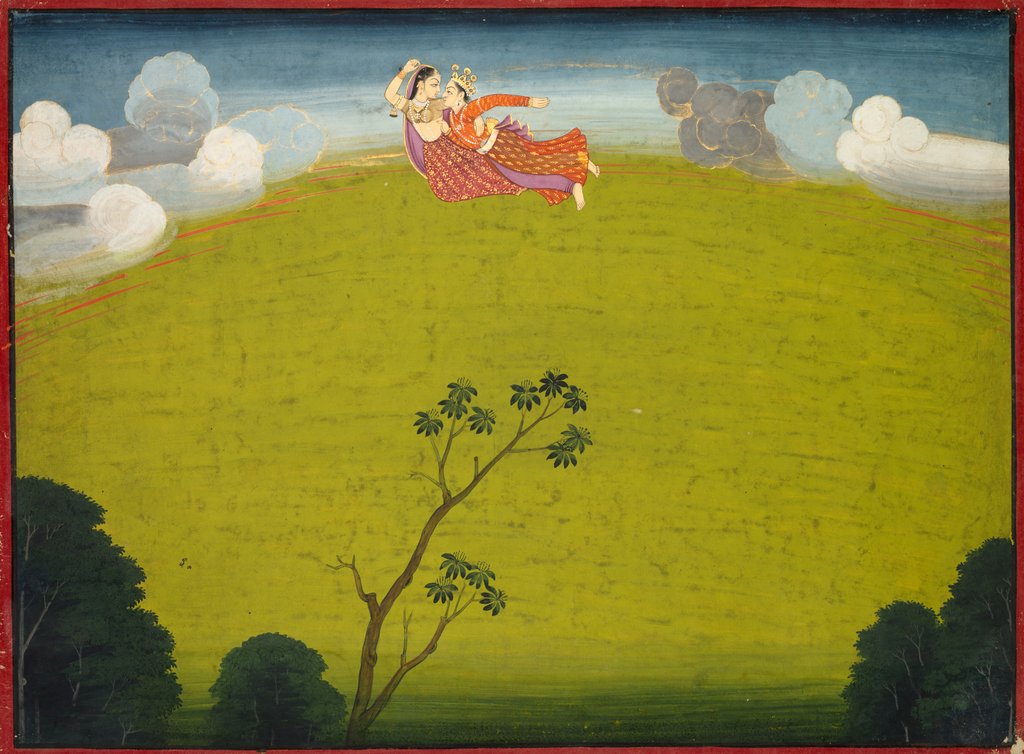 Detail of Pradyumna and Mayavati Fly to Dvaraka, from the Large Basohli Bhagavata Purana, c. 1760-1765 by Unknown