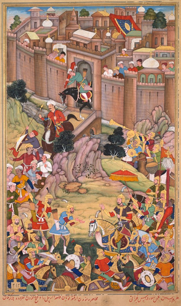 Detail of The siege of Arbela in the era of Hulagu Khan, from a Chingiz-nama…, c. 1596 by Basavana; Sur Das Gujarati