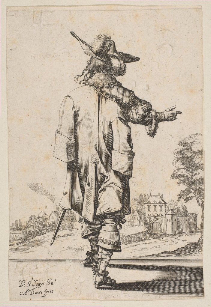 Detail of Gentleman Seen from the Back Pointing towards a Chateau, 1629 by Abraham Bosse