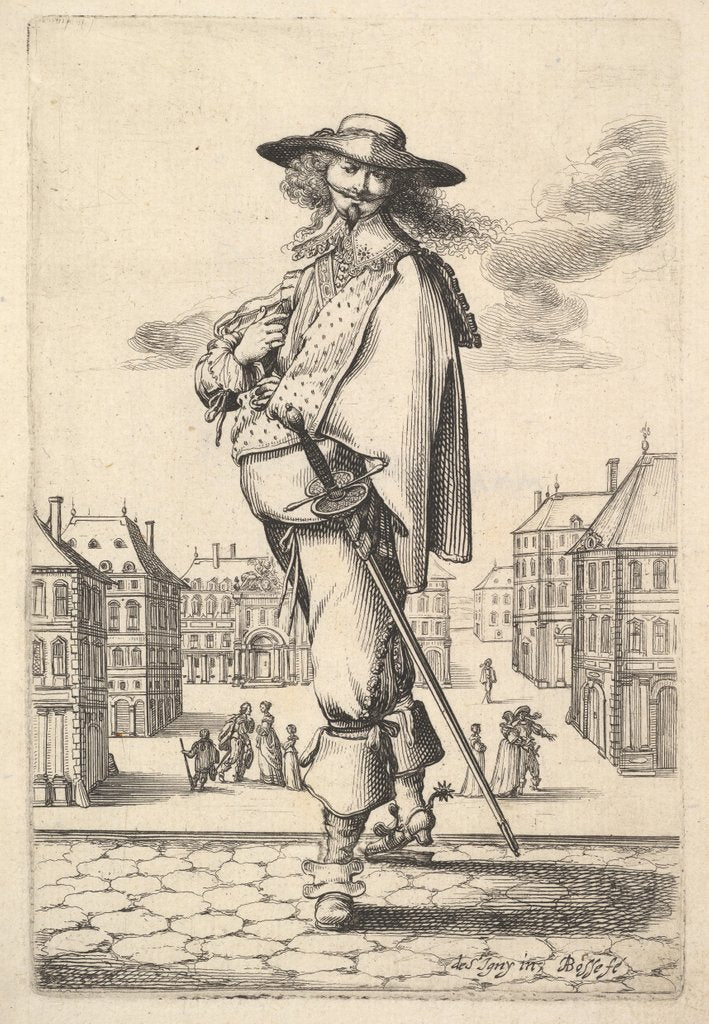 Detail of A gentleman, turned three-quarters to the left, wearing a hat and boots with spurs, carryi…, 1629 by Abraham Bosse