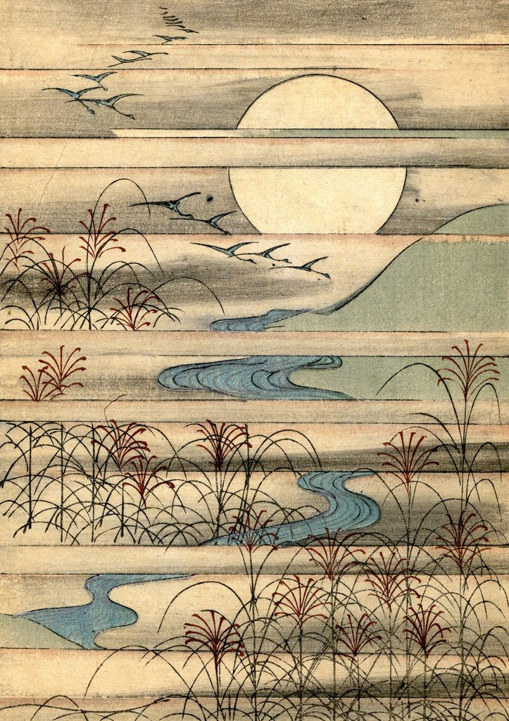 Detail of Illustration of Full Moon Over a River Landscape by Corbis
