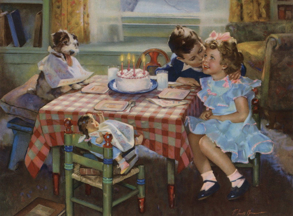 Detail of Illustration of Boy Kissing Girl at Birthday Party by Corbis