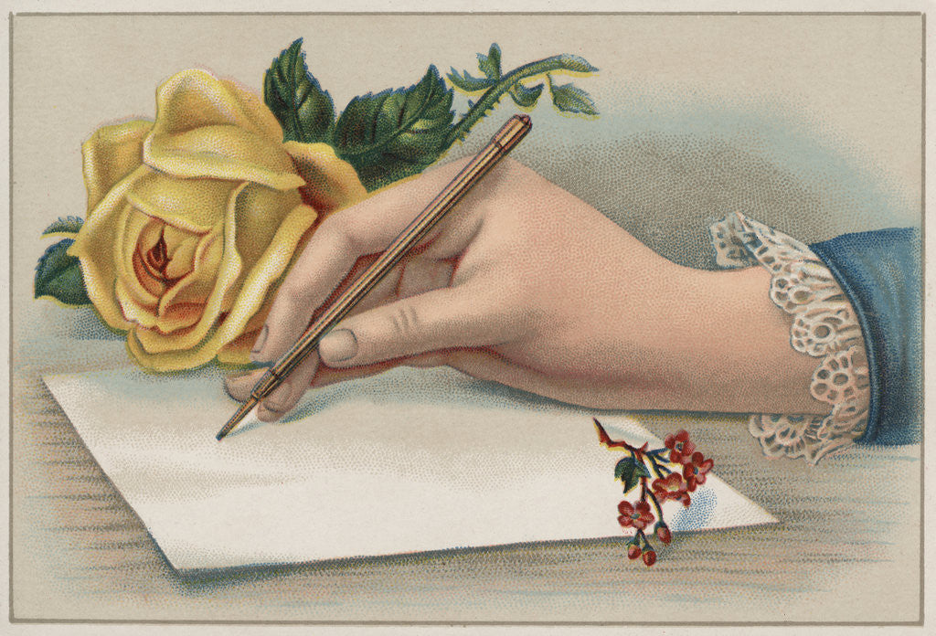 Detail of Bookplate Illustration of Woman's Hand Writing Letter by Corbis