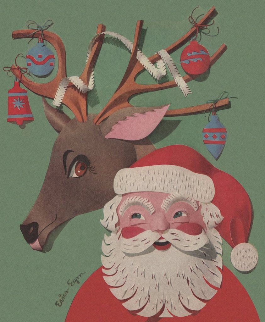 Detail of Santa and Reindeer with ornaments collage by Corbis