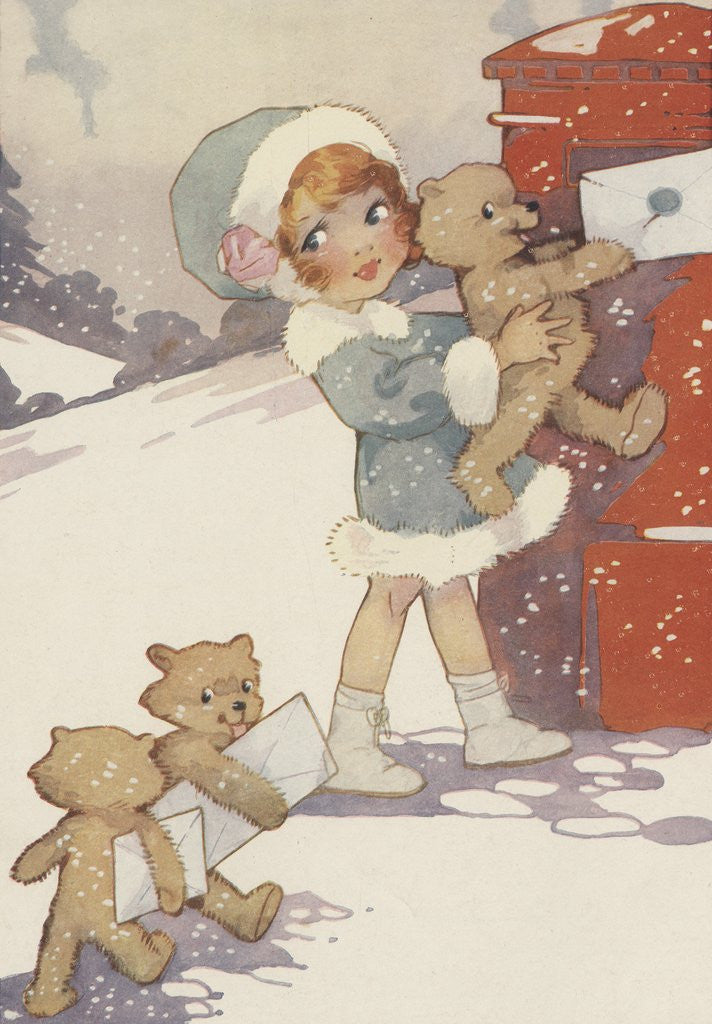 Detail of Illustration of girl and teddy bears mailing letters by Corbis