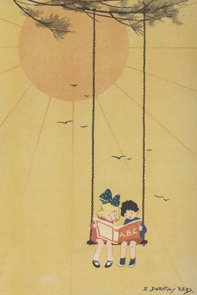 Detail of Children reading book on swing by Corbis