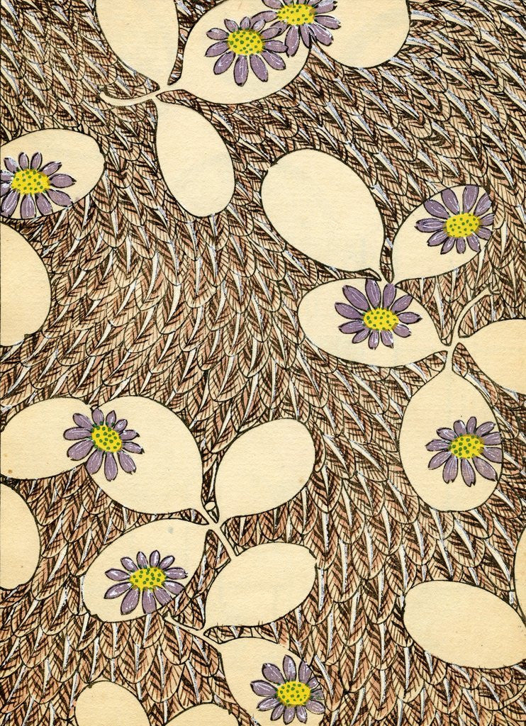 Detail of Woodblock print of leaves and blossoms on a feather background by Corbis