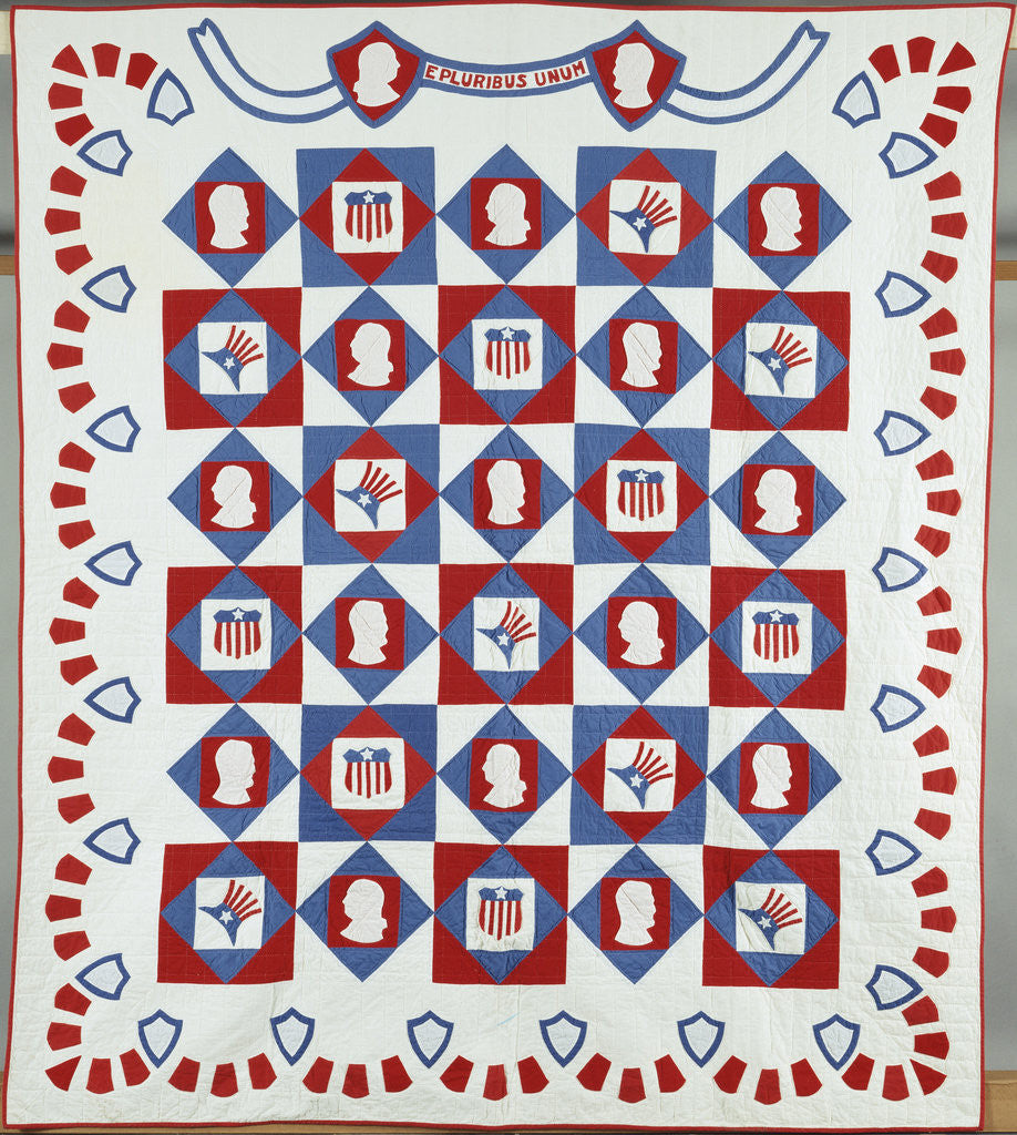 Detail of 'Out of Many, One', 'E Pluribus Unum', national motto coverlet, depicting the profiles of Presidents Lincoln and Washington by Corbis