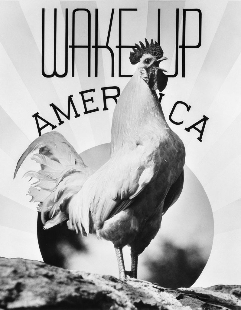 Detail of 1930s Montage Rooster Wake Up America & Sunrise by Corbis