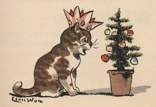 Cat meowing at Christmas tree posters & prints by Louis Wain