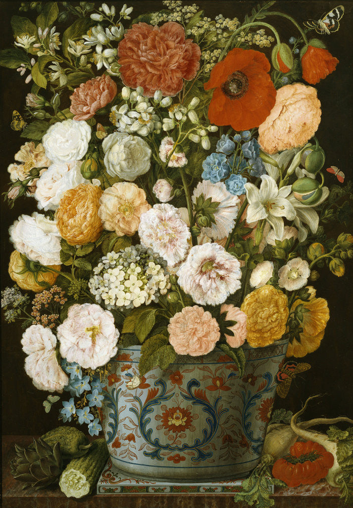 Detail of A Still Life with Camellias, Poppies, a White Hydrangea, Roses, Carnations, Lilies and other Flowers in an Imari Urn on a Famille Vert Tile on a Marble Ledge with an Artichoke, Cucumbers, Parsnips and a Tomato by Corbis
