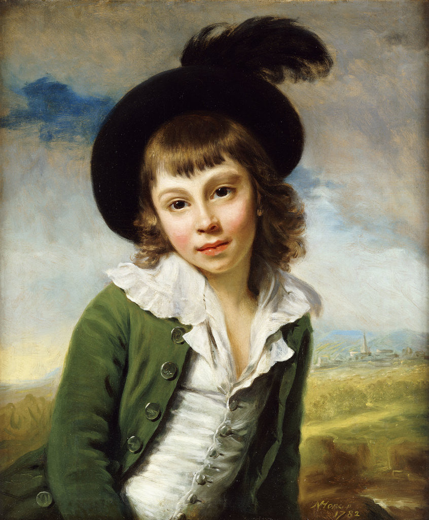 Detail of 'The Green Boy': A Portrait of a Boy Half Length, in a Green Coat and Black Hat with a Feather Plume by Nathaniel Hone