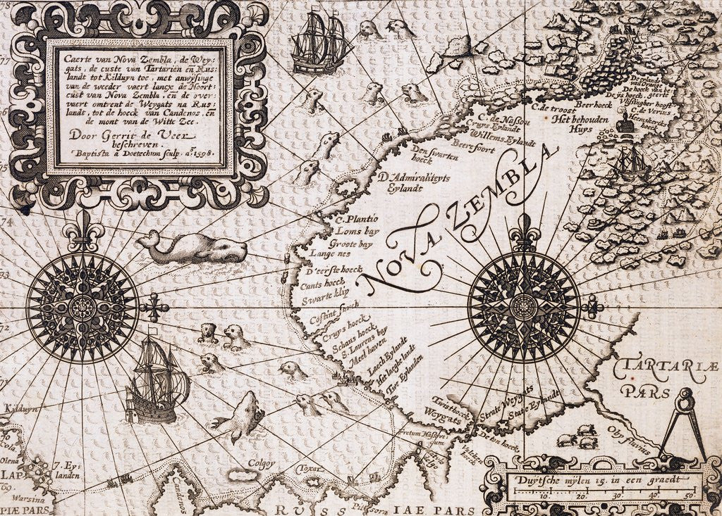 Detail of Map of Nova Zembla from Diarium Nauticum, seu vera descriptio trium navigationum admirandarum by Gerrit de Veer