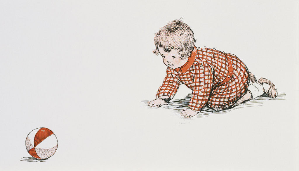 Detail of Baby's Year Book Book Illustration with Baby Chasing Ball by Meta Morris Grimball