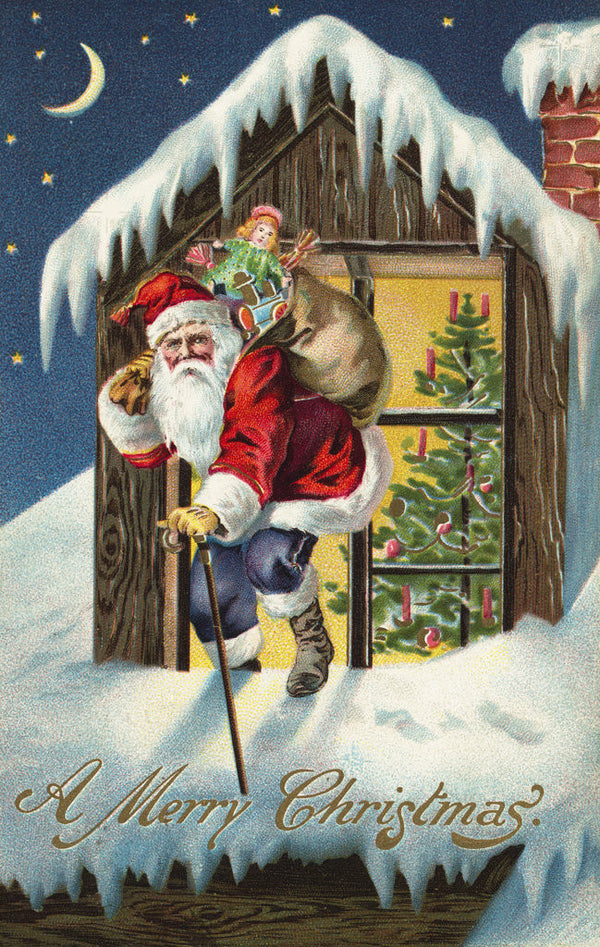 A Merry Christmas Postcard with Santa Claus on Roof posters