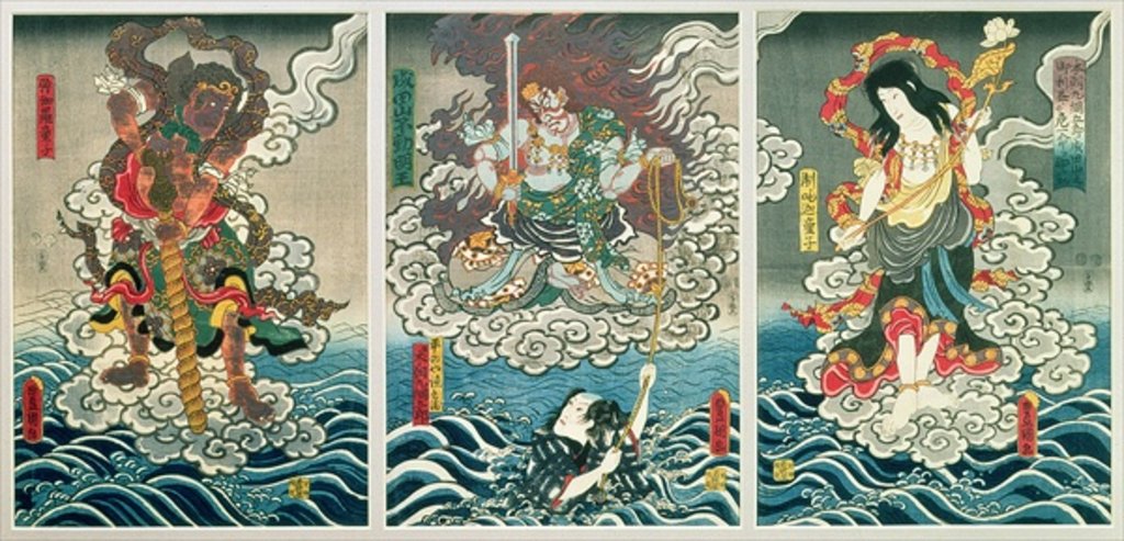 Detail of The actor Ichikawa Ebizo V as the deity Fudo Myoo rescuing Ichikawa Danjuro VIII as Honcho-maru Tsunagoro/Hiranoya Tokubei accompanied by other actors as Seitaka-Doji and Kongara-Doji, c.1850 by Utagawa Kunisada