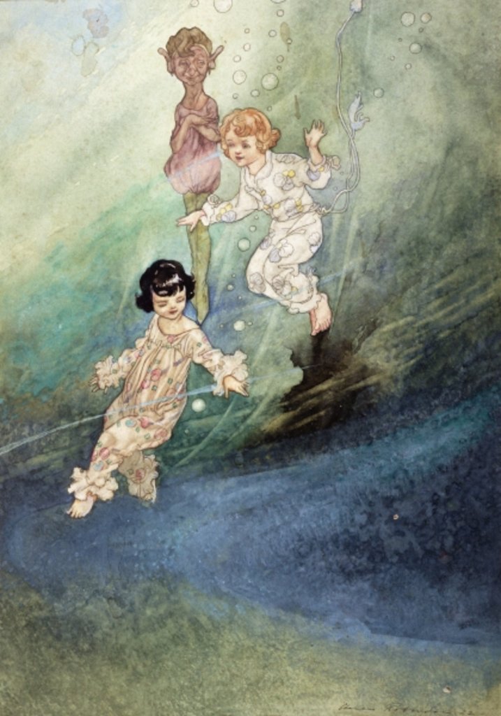 Detail of Untitled Watercolour, Children Underwater with an Elf by Charles Robinson