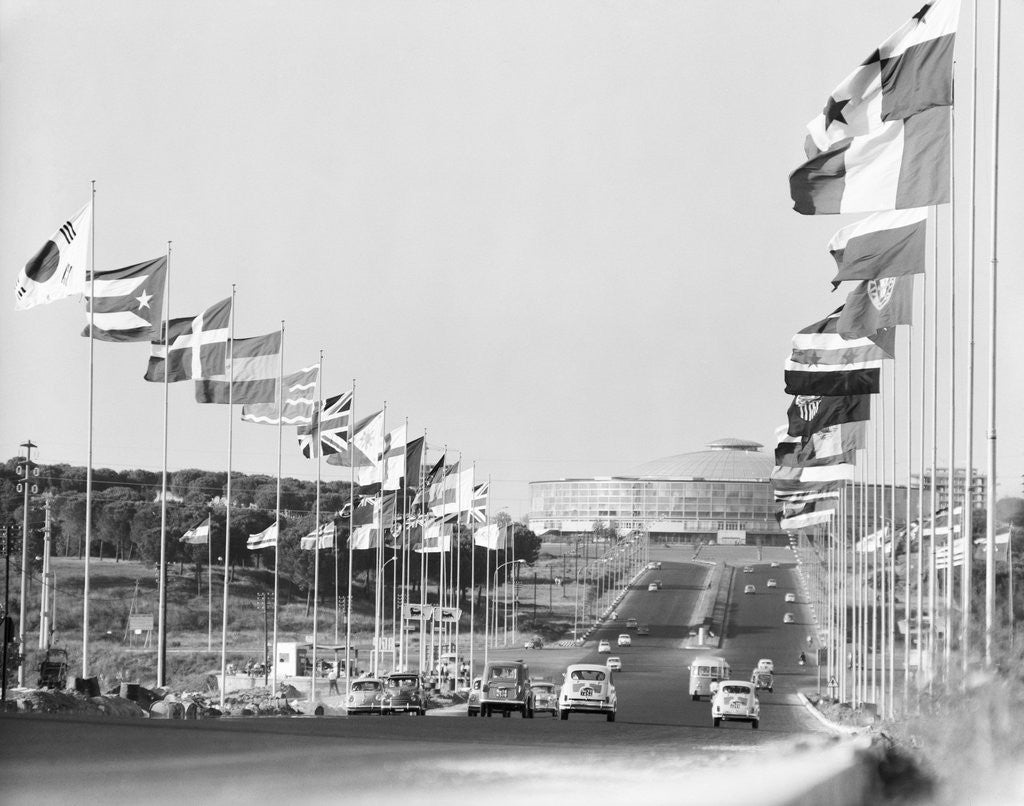 Detail of Flags Waving Along Via Olympica in Rome by Corbis