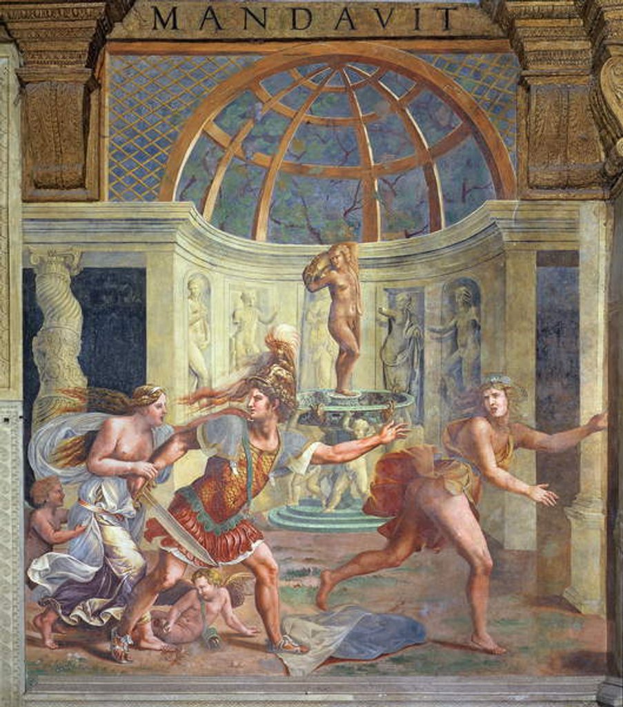 Detail of Venus, whose pricked foot stains the petals of a rose red, with Mars who pursues Adonis with an unsheathed sword from the Sala di Amore e Psiche, 1528 by Giulio (and workshop) Romano