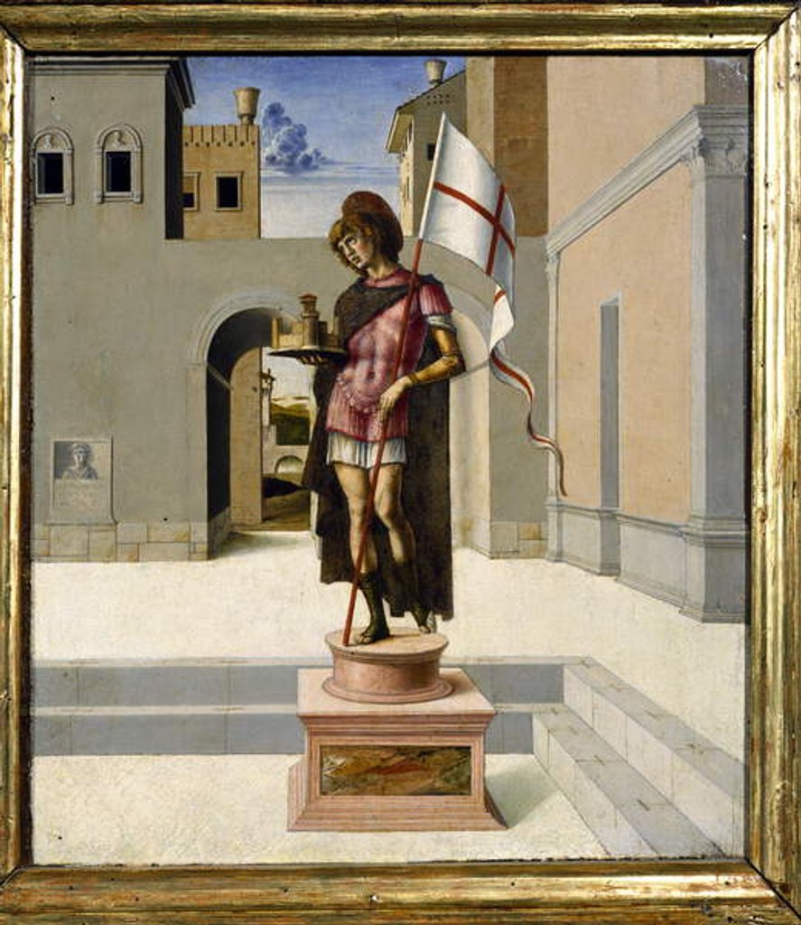 Detail of St. George depicted as a polychrome statue in a town square, predella by Giovanni Bellini