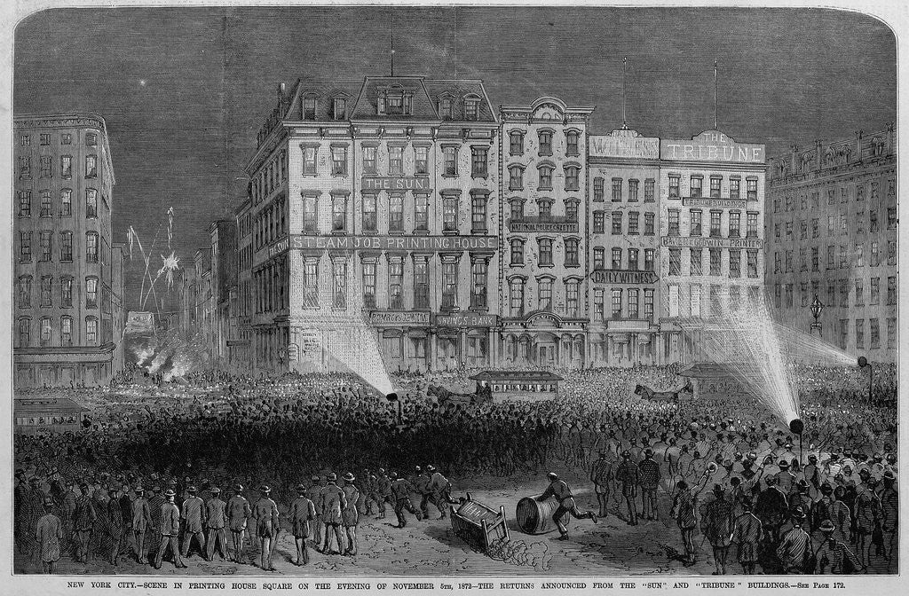 Detail of New York City - Scene in Printing House Square on the evening of November 5th, 1872 - The returns announced from the