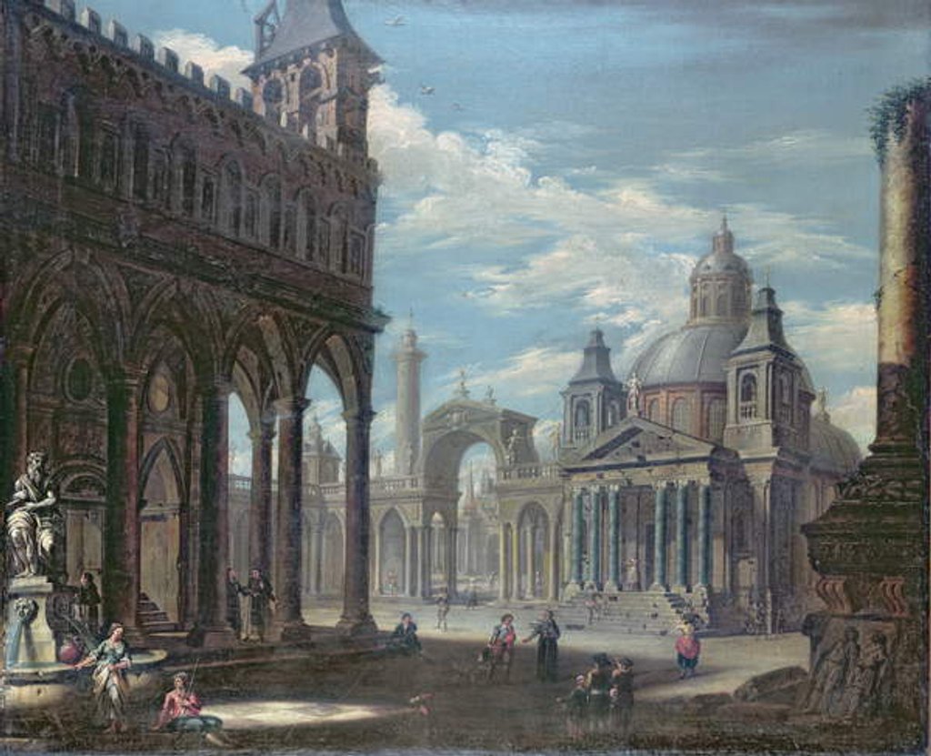 Detail of Capriccio of a piazza with Gothic, Roman and Baroque buildings by English School
